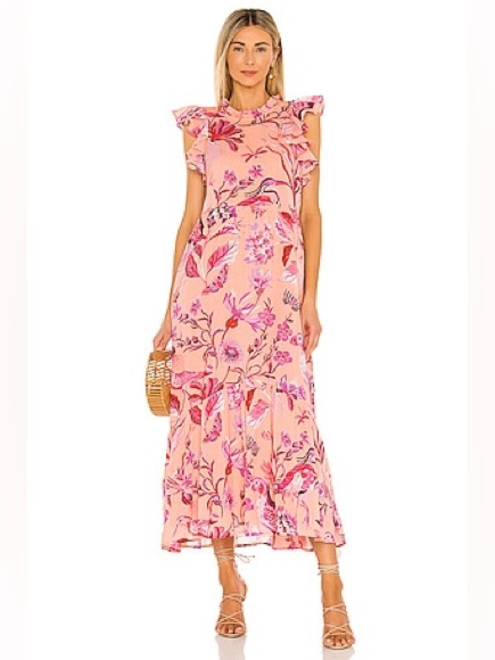 BANJANAN Hanna Dress in Jubilee Apricot Blush small floral pink maxi gauze
